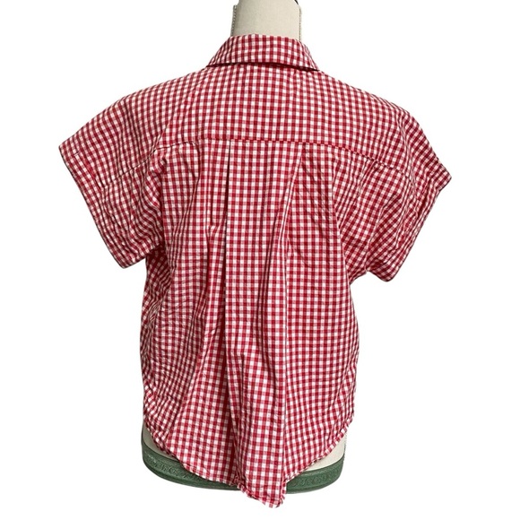 Weekday Stella Gingham Blouse XS Red White Check Cropped Boxy Cotton Shirt - Picture 10 of 14